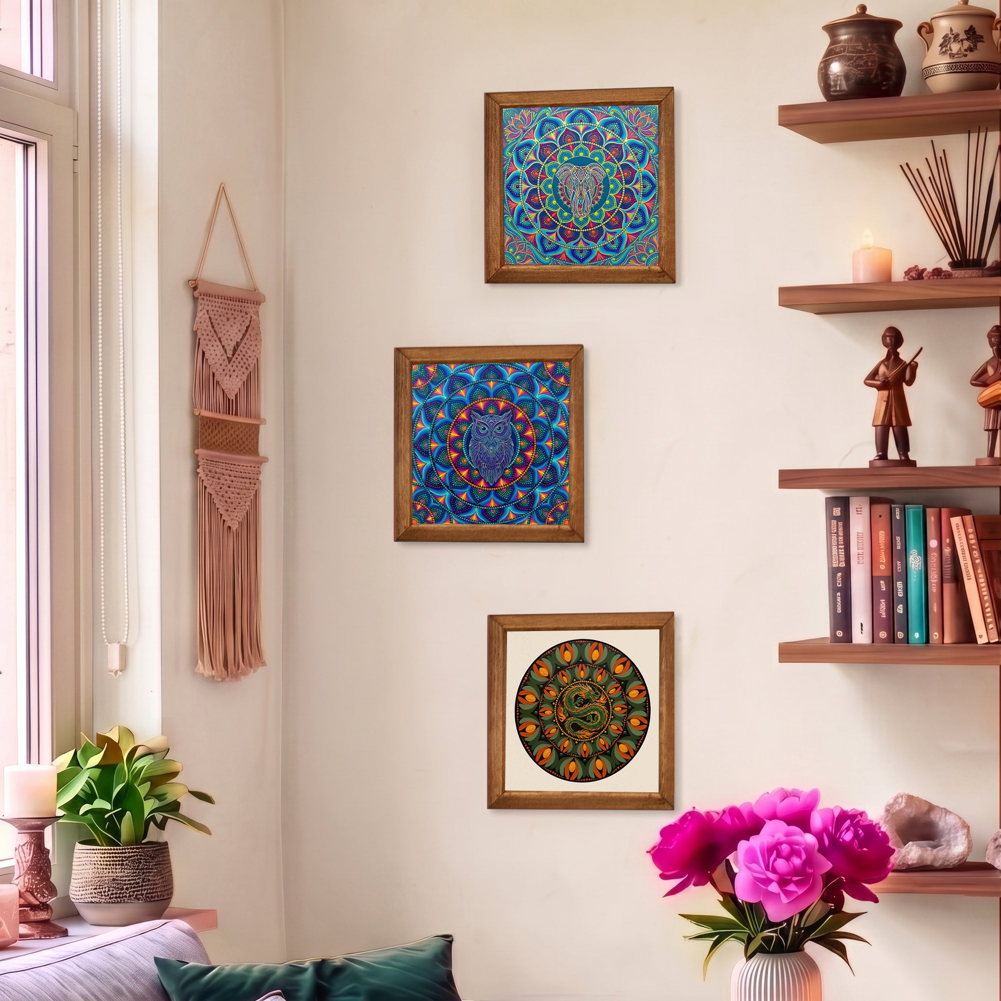 Elephant, Owl &amp; Dragon Mandala Trio Stone Wall Art Set