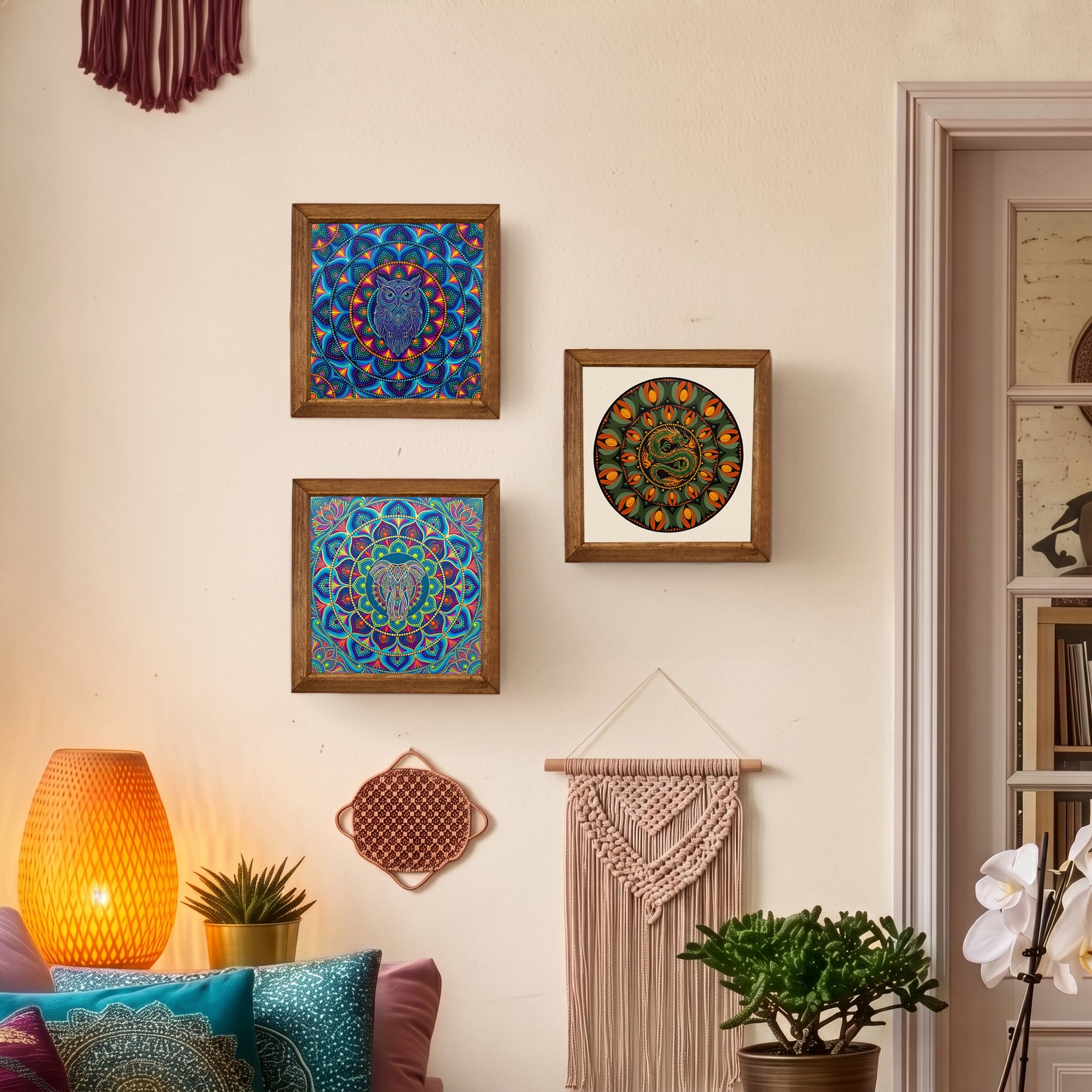 Elephant, Owl &amp; Dragon Mandala Trio Stone Wall Art Set