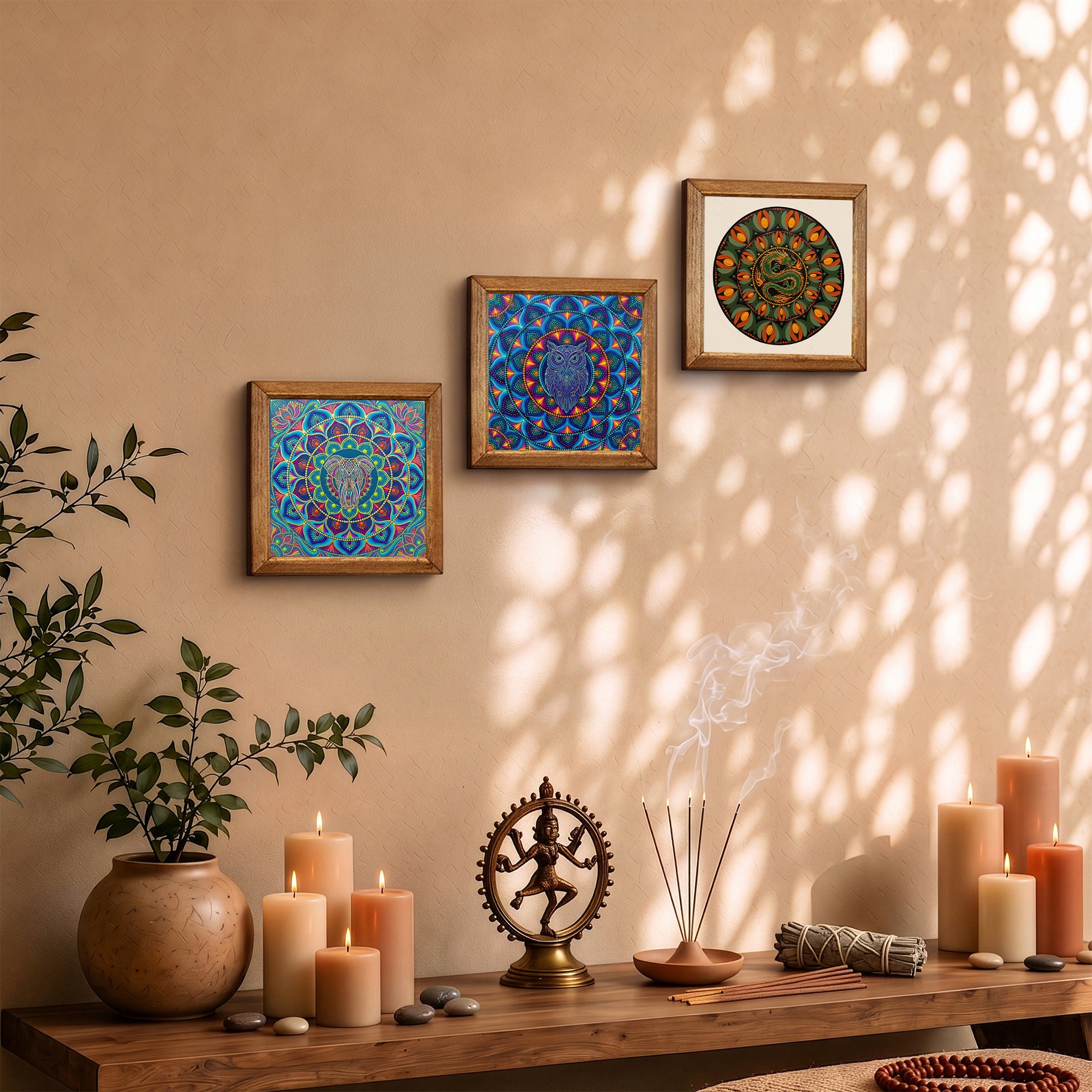 Elephant, Owl &amp; Dragon Mandala Trio Stone Wall Art Set