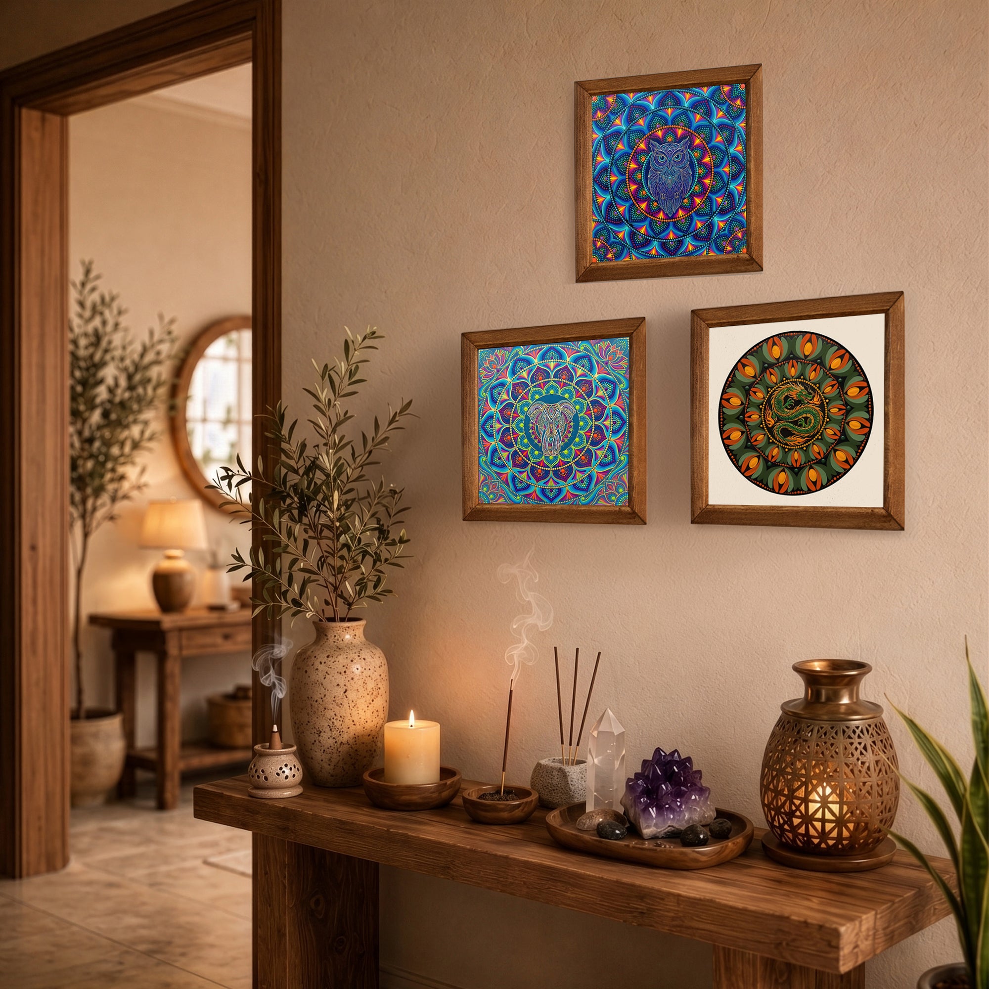 Elephant, Owl &amp; Dragon Mandala Trio Stone Wall Art Set