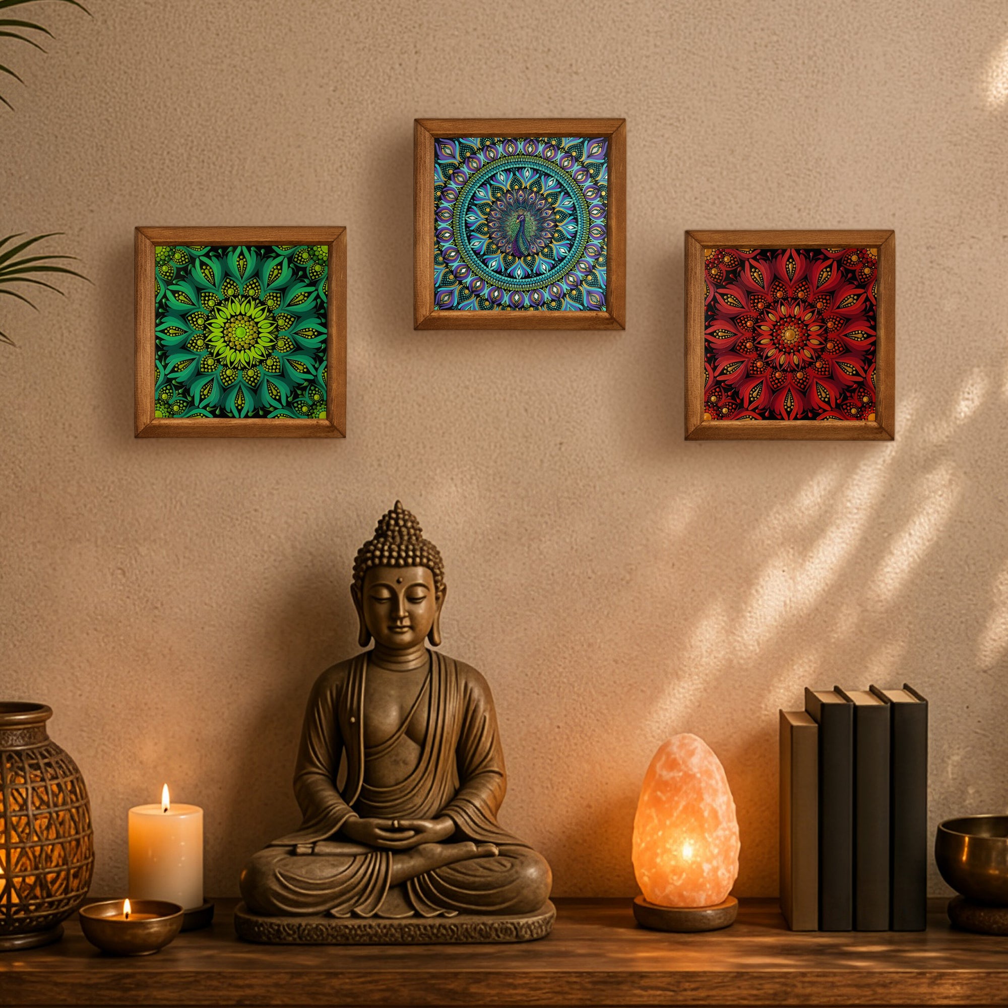 Green, Peacock &amp; Red Mandala Trio Stone Wall Art Set