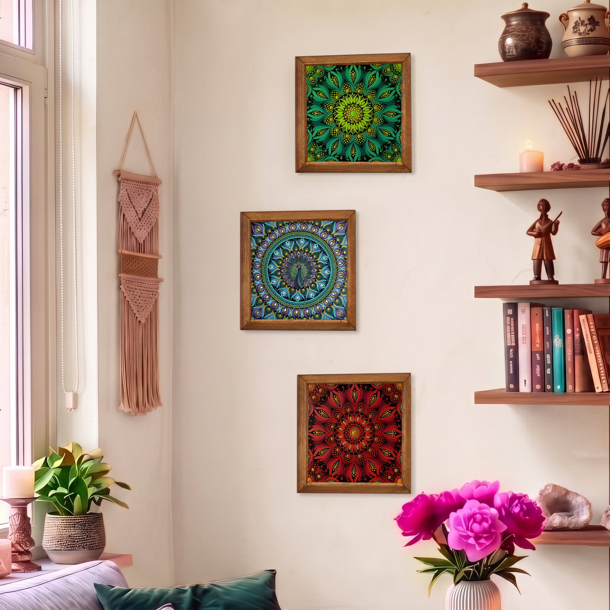 Green, Peacock &amp; Red Mandala Trio Stone Wall Art Set
