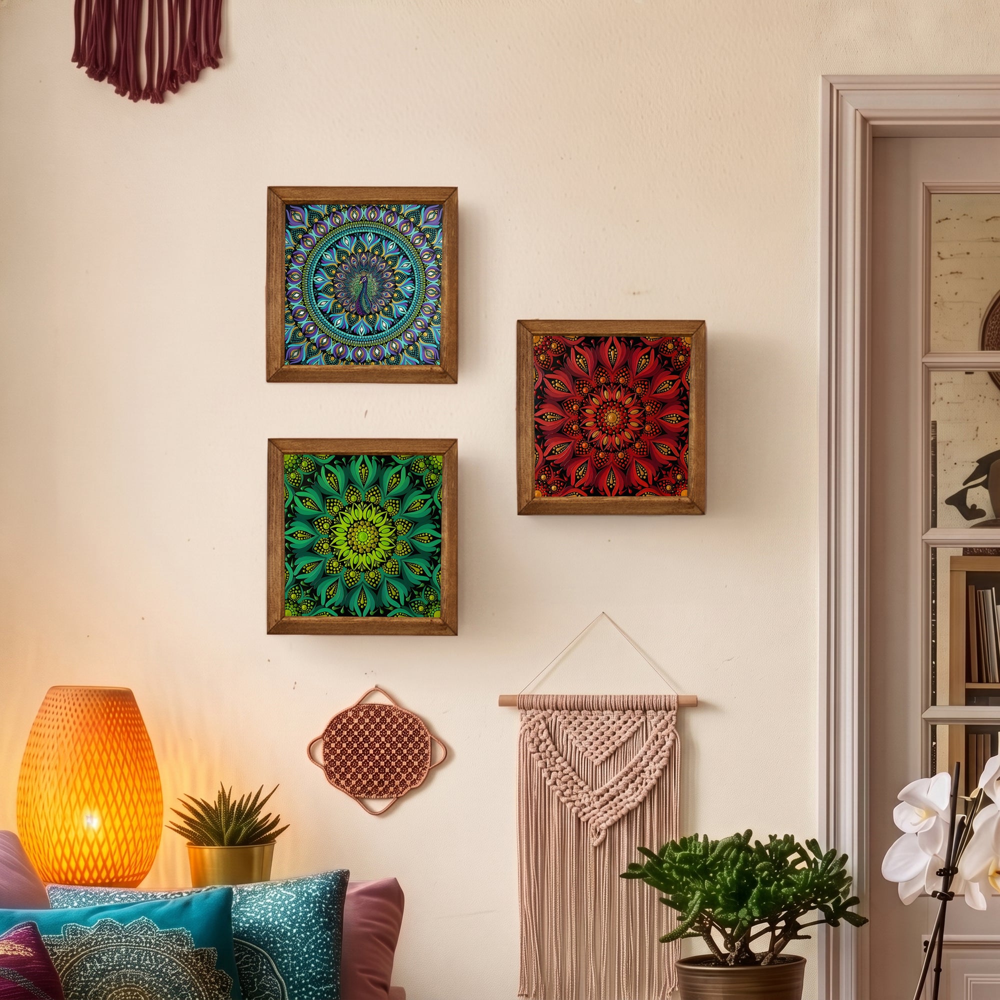 Green, Peacock &amp; Red Mandala Trio Stone Wall Art Set
