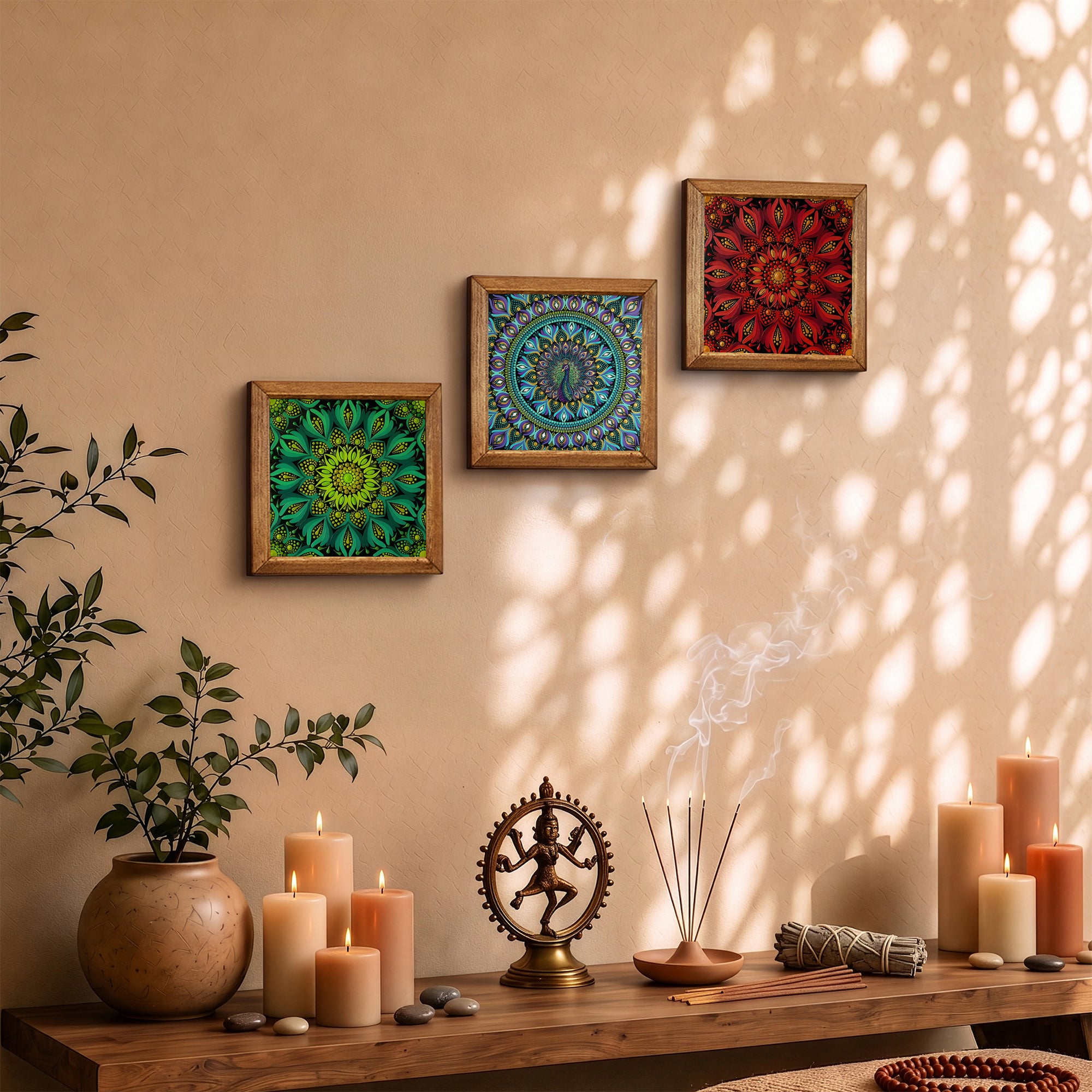 Green, Peacock &amp; Red Mandala Trio Stone Wall Art Set