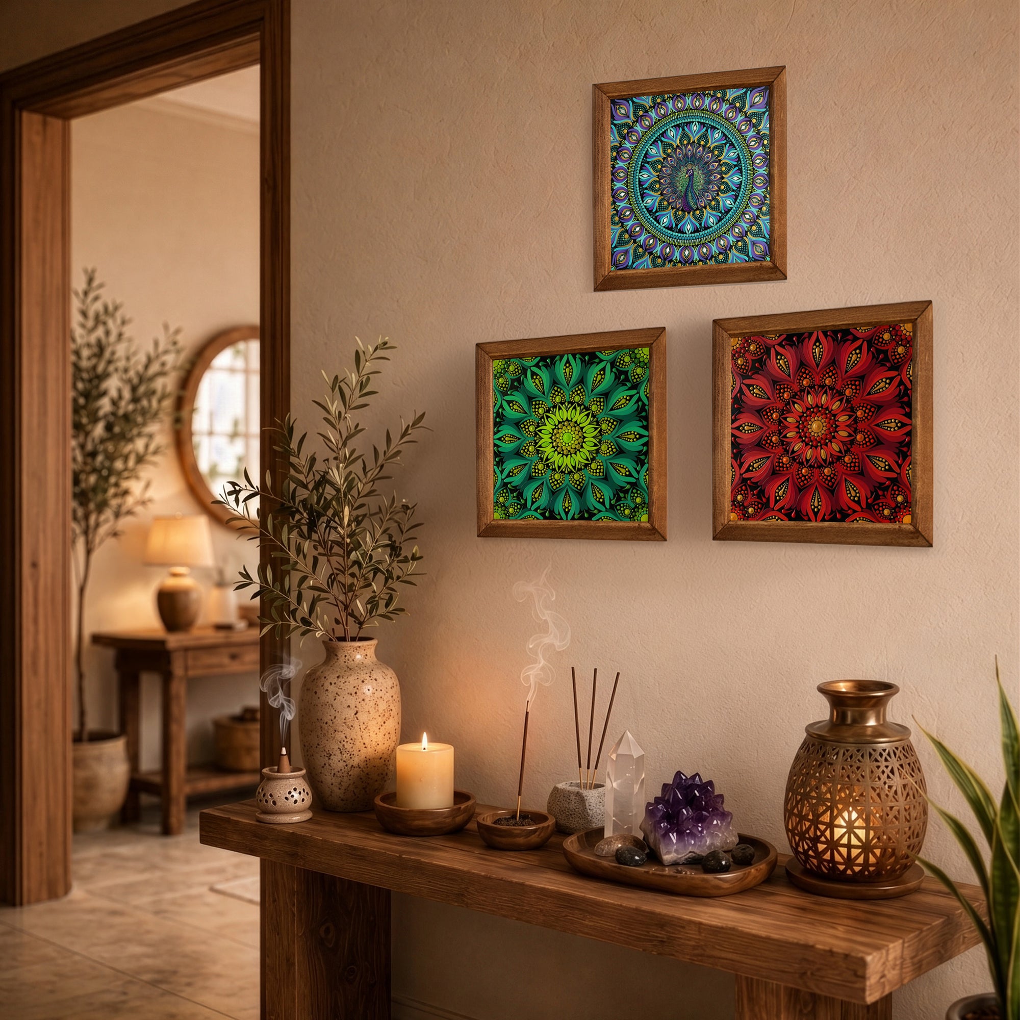 Green, Peacock &amp; Red Mandala Trio Stone Wall Art Set