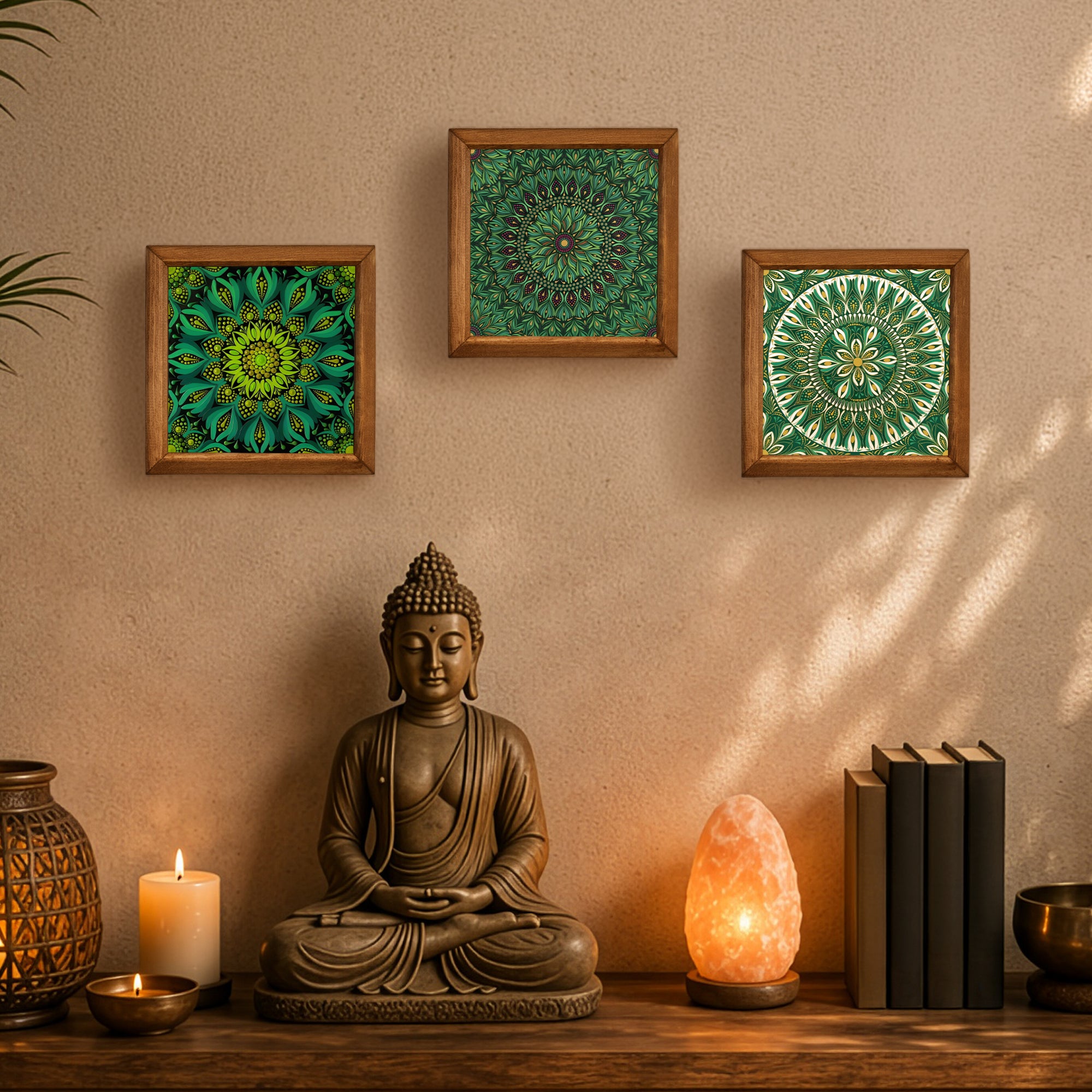 Green Harmony Mandala Trio Stone Wall Art Set