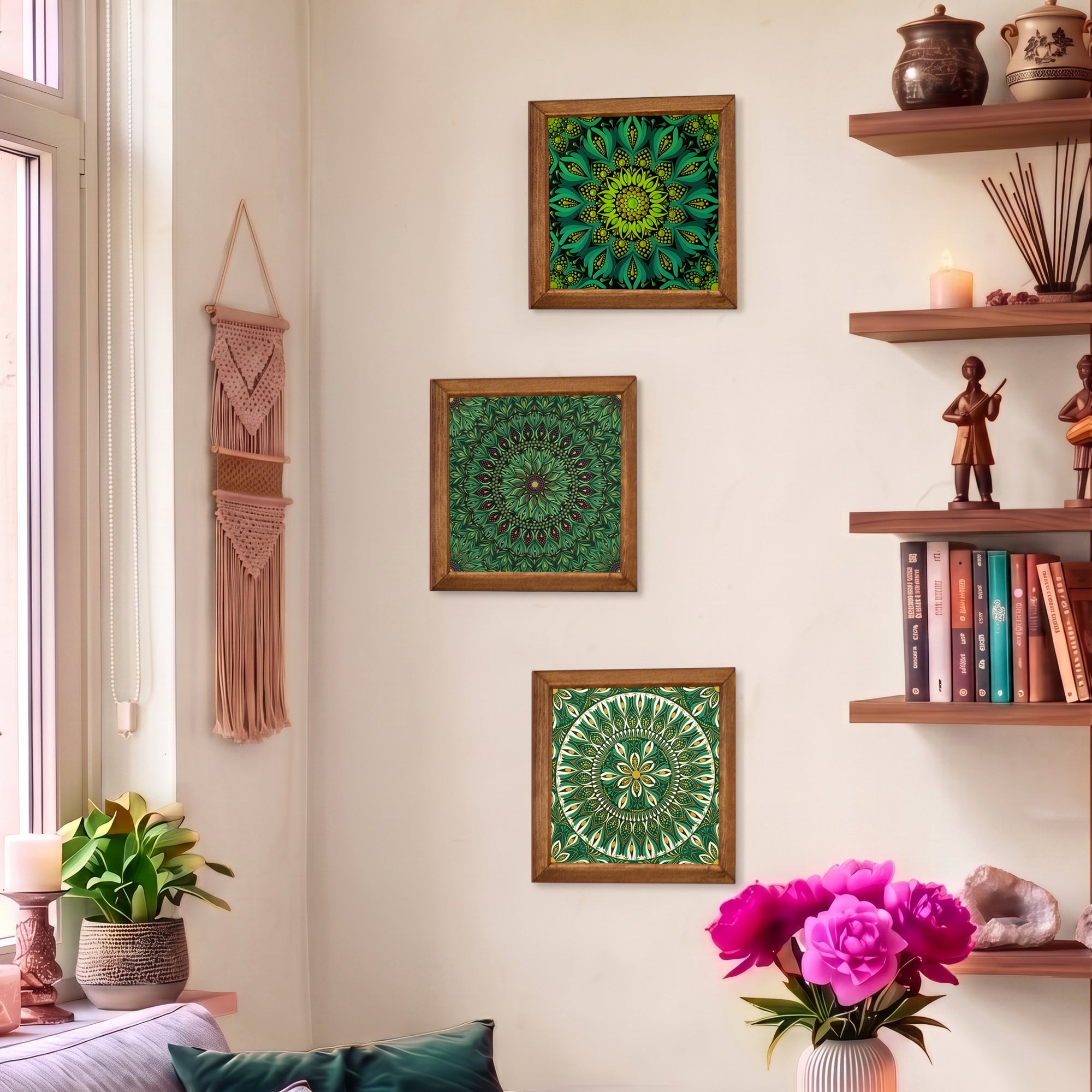 Green Harmony Mandala Trio Stone Wall Art Set