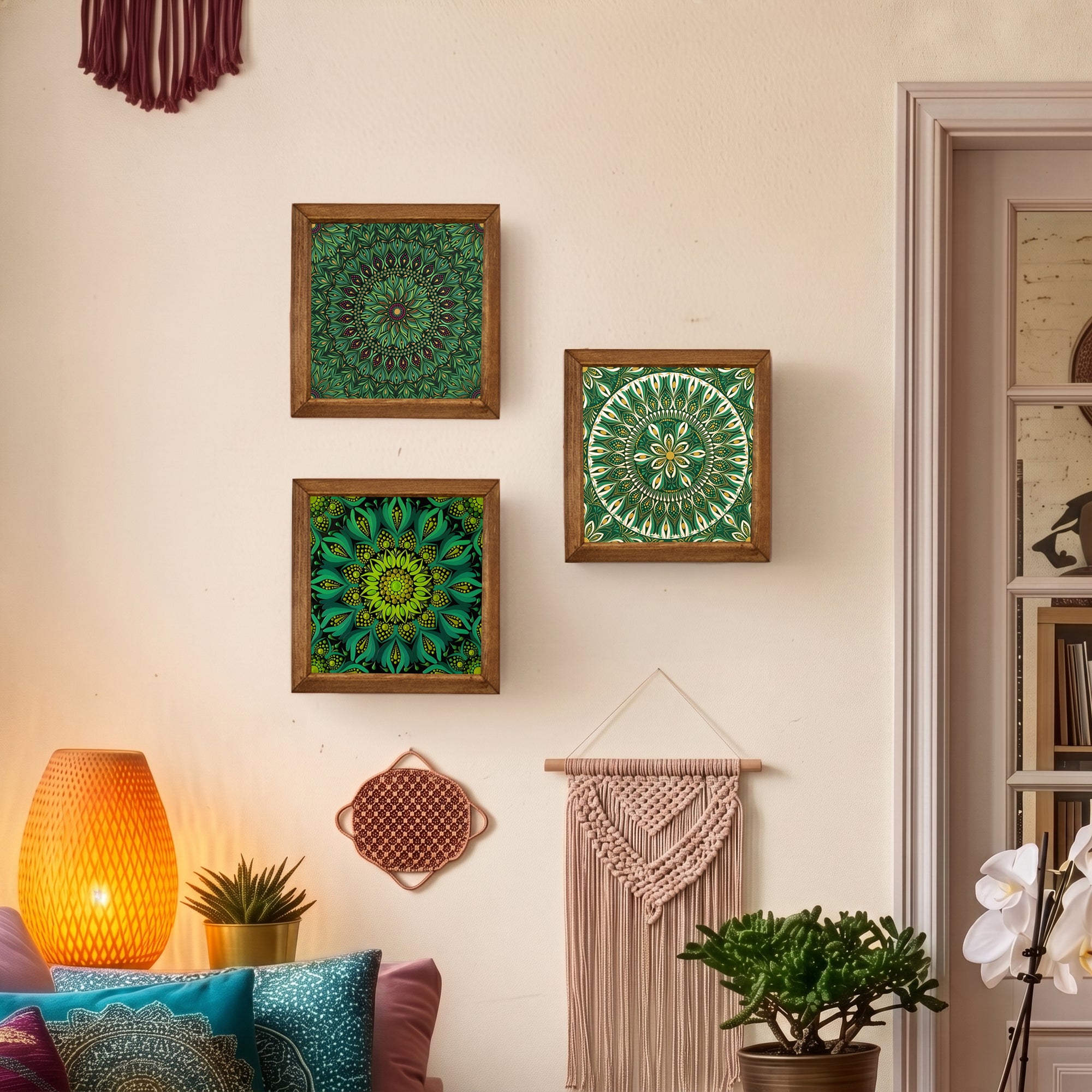 Green Harmony Mandala Trio Stone Wall Art Set