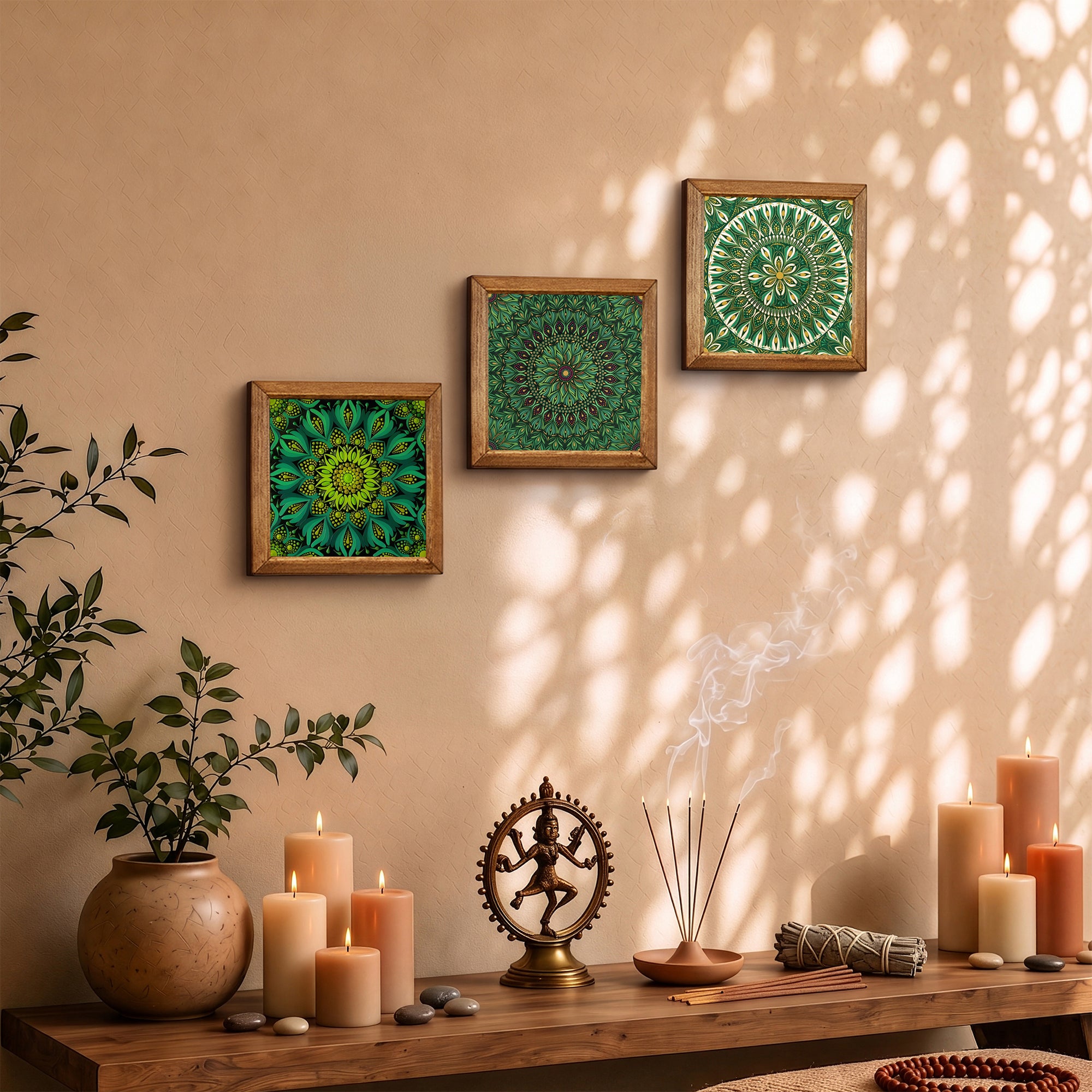 Green Harmony Mandala Trio Stone Wall Art Set