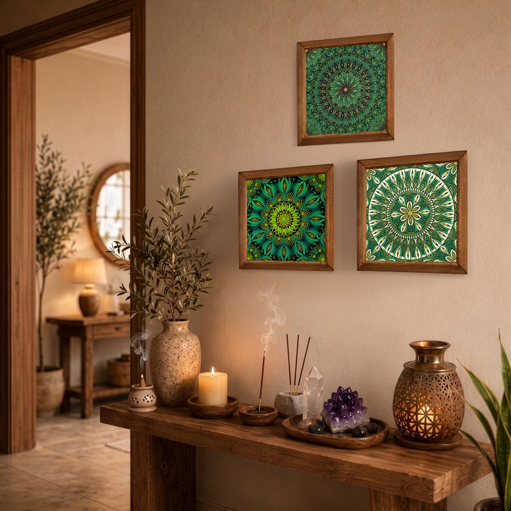 Green Harmony Mandala Trio Stone Wall Art Set