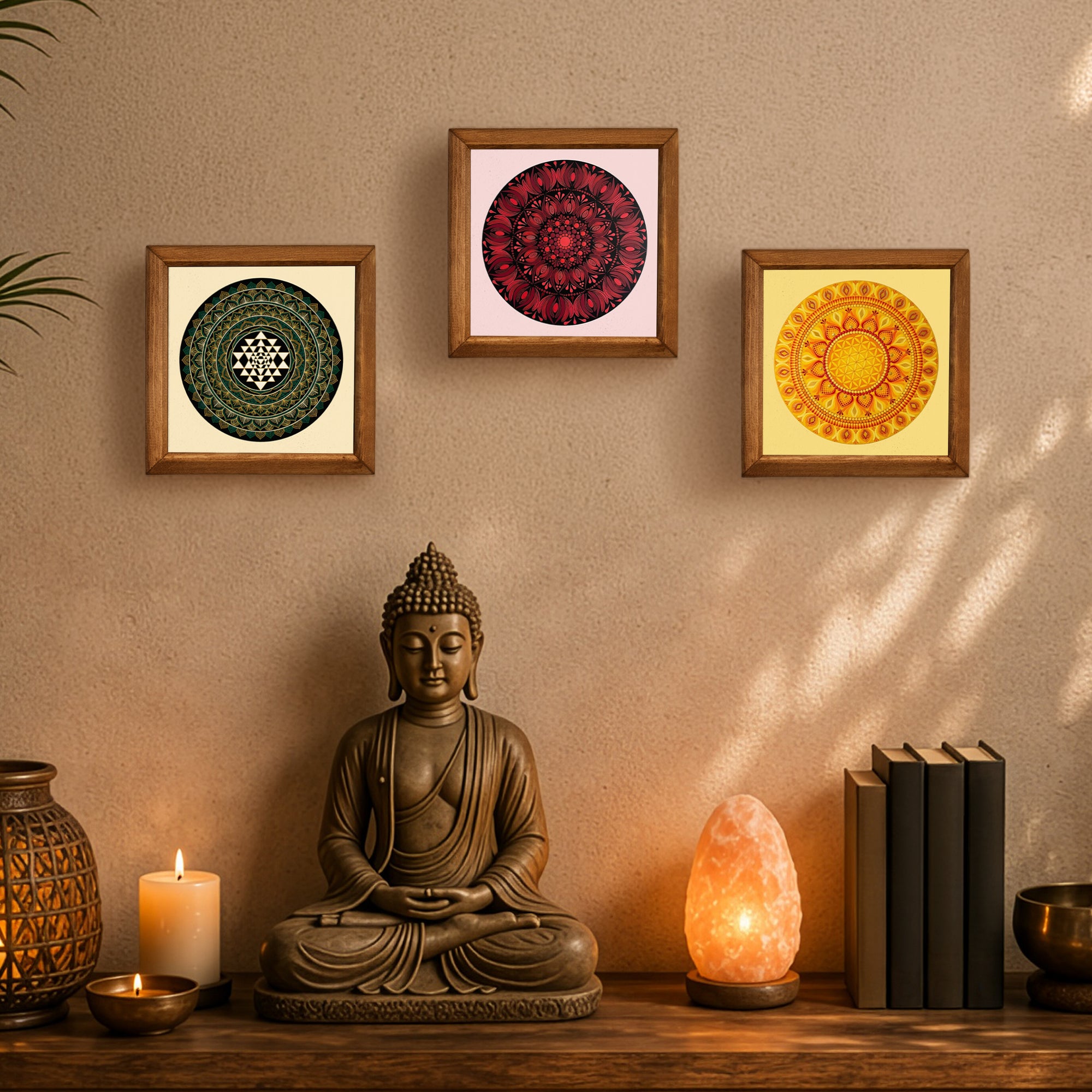 Sri Yantra, Red &amp; Solar Mandala Trio Stone Wall Art Set