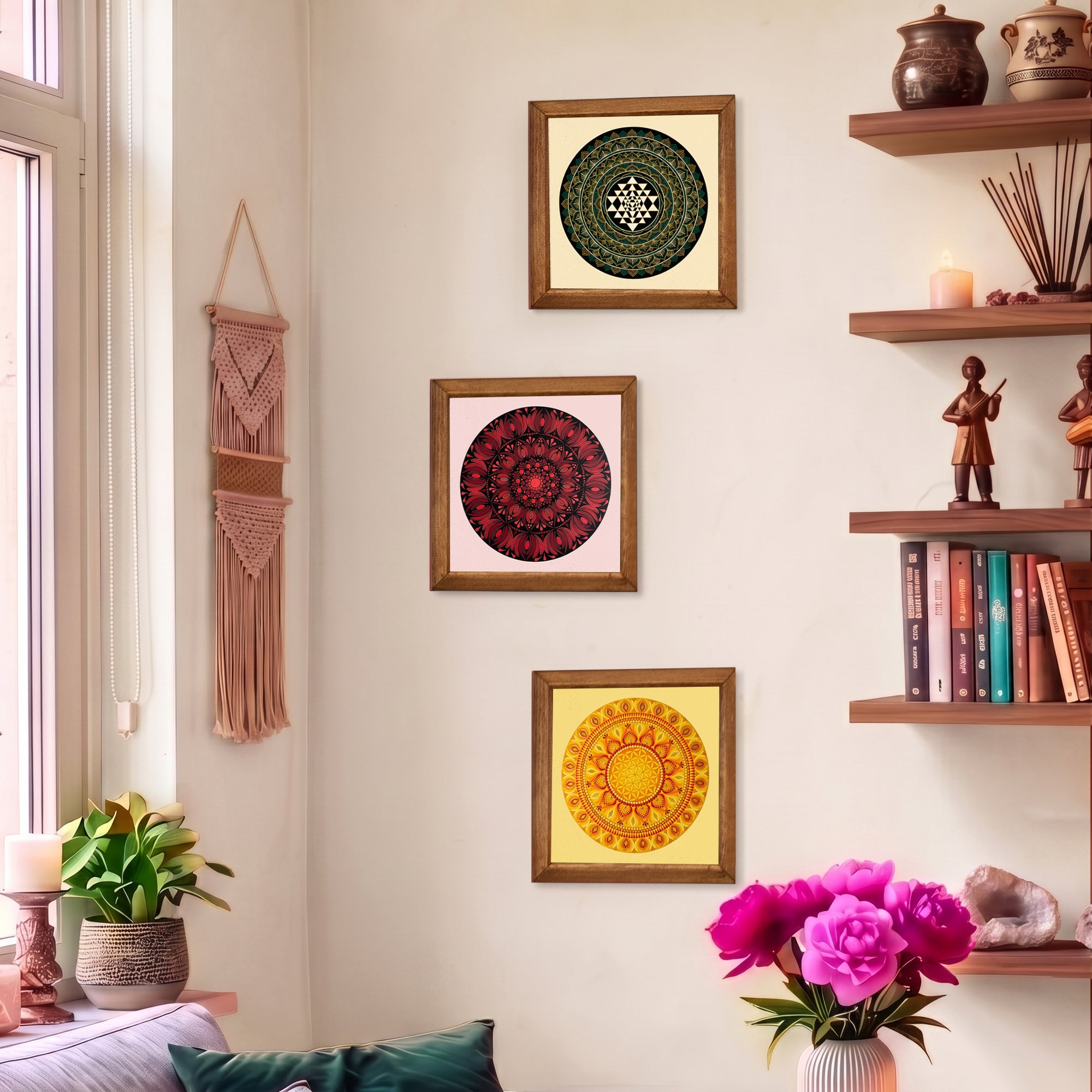 Sri Yantra, Red &amp; Solar Mandala Trio Stone Wall Art Set