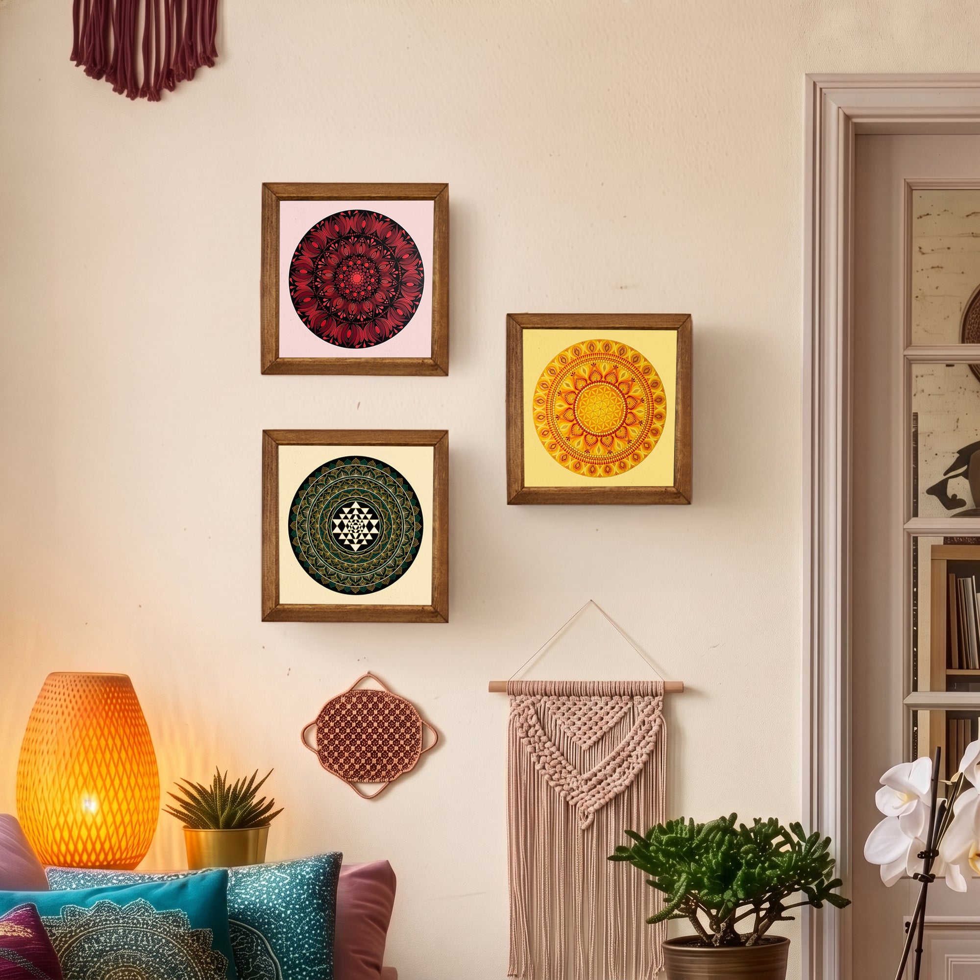 Sri Yantra, Red &amp; Solar Mandala Trio Stone Wall Art Set