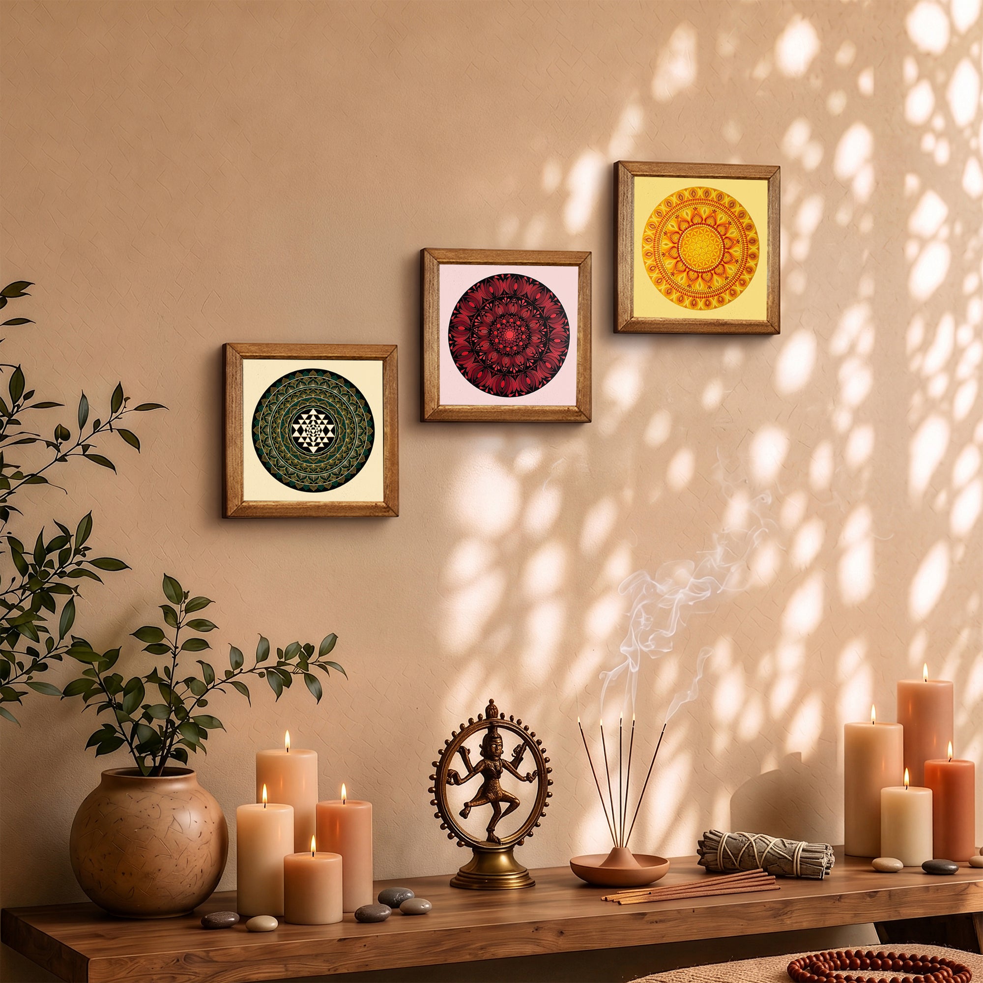 Sri Yantra, Red &amp; Solar Mandala Trio Stone Wall Art Set