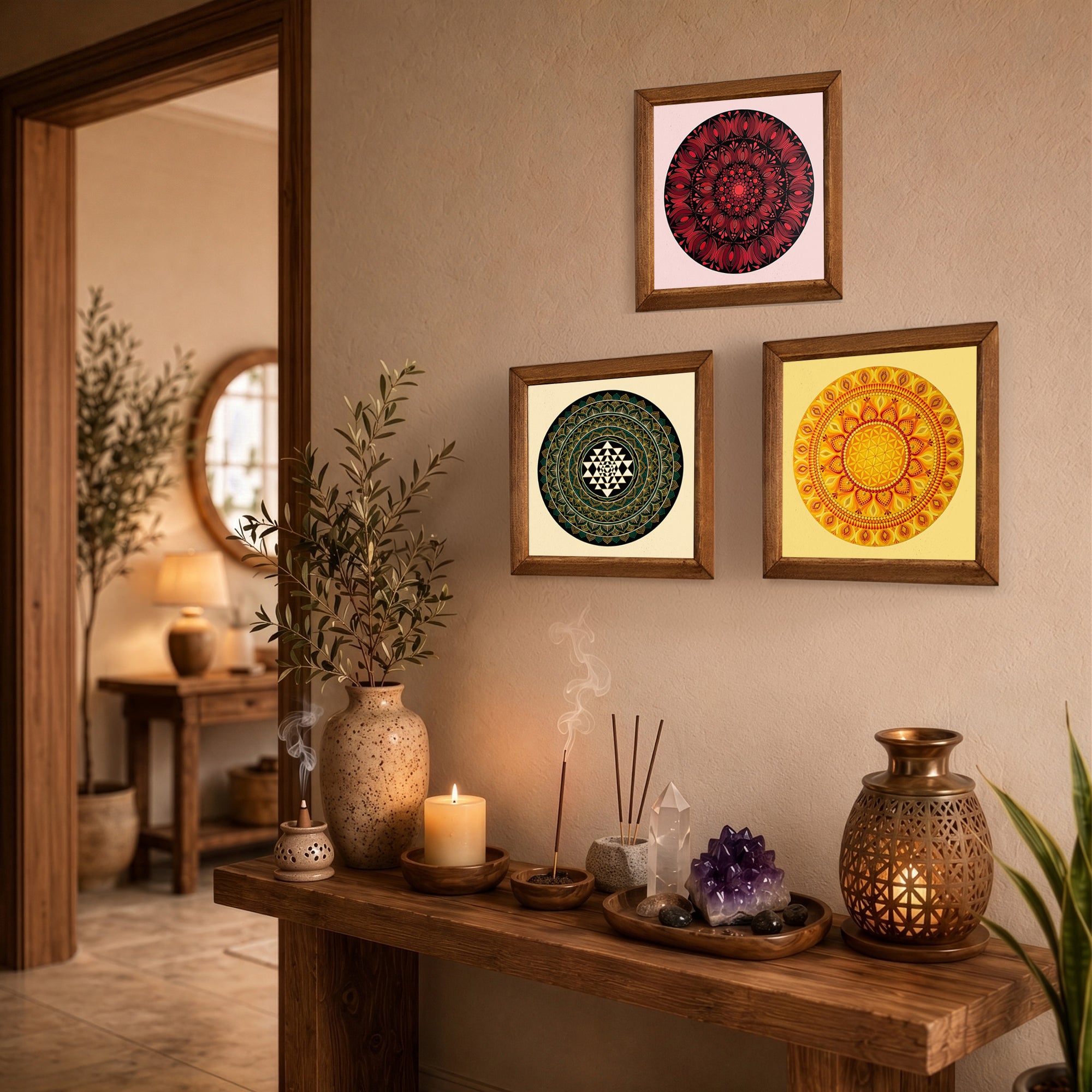 Sri Yantra, Red &amp; Solar Mandala Trio Stone Wall Art Set