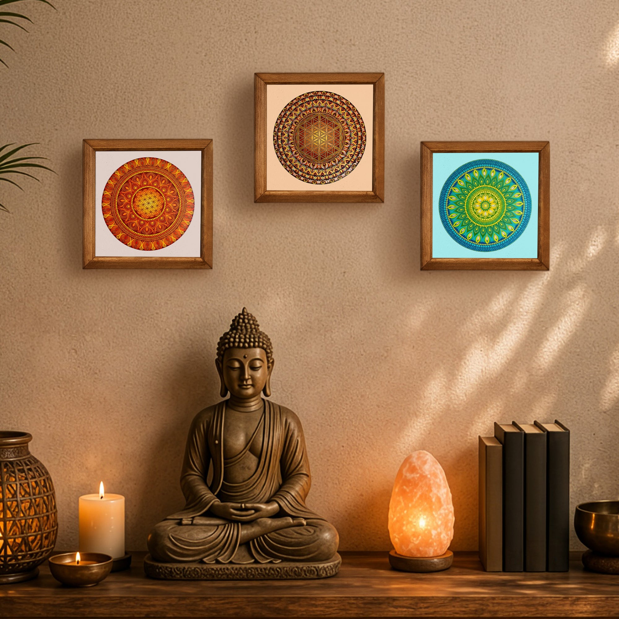 Solar, Flower of Life &amp; Green Mandala Trio Stone Wall Art Set