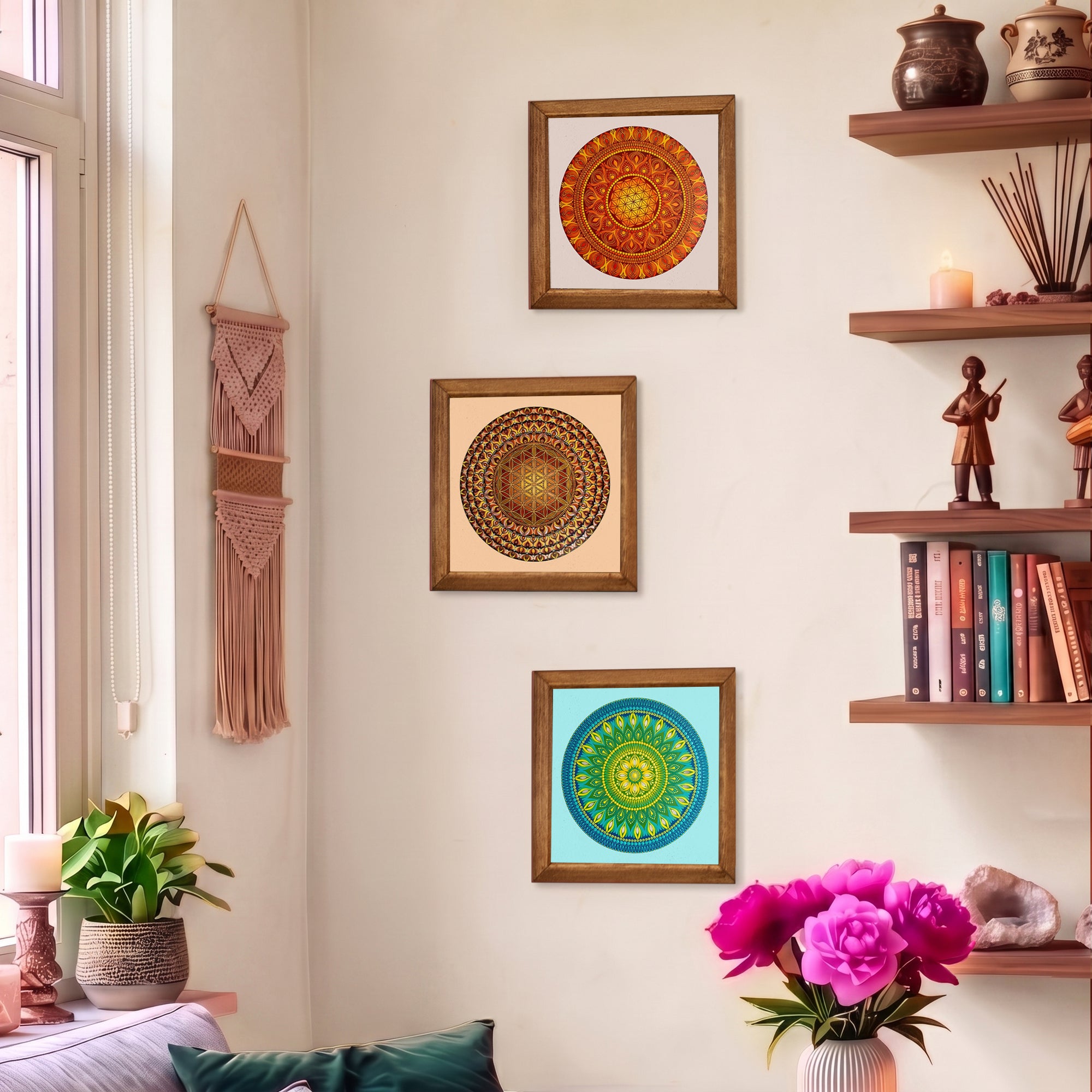 Solar, Flower of Life &amp; Green Mandala Trio Stone Wall Art Set