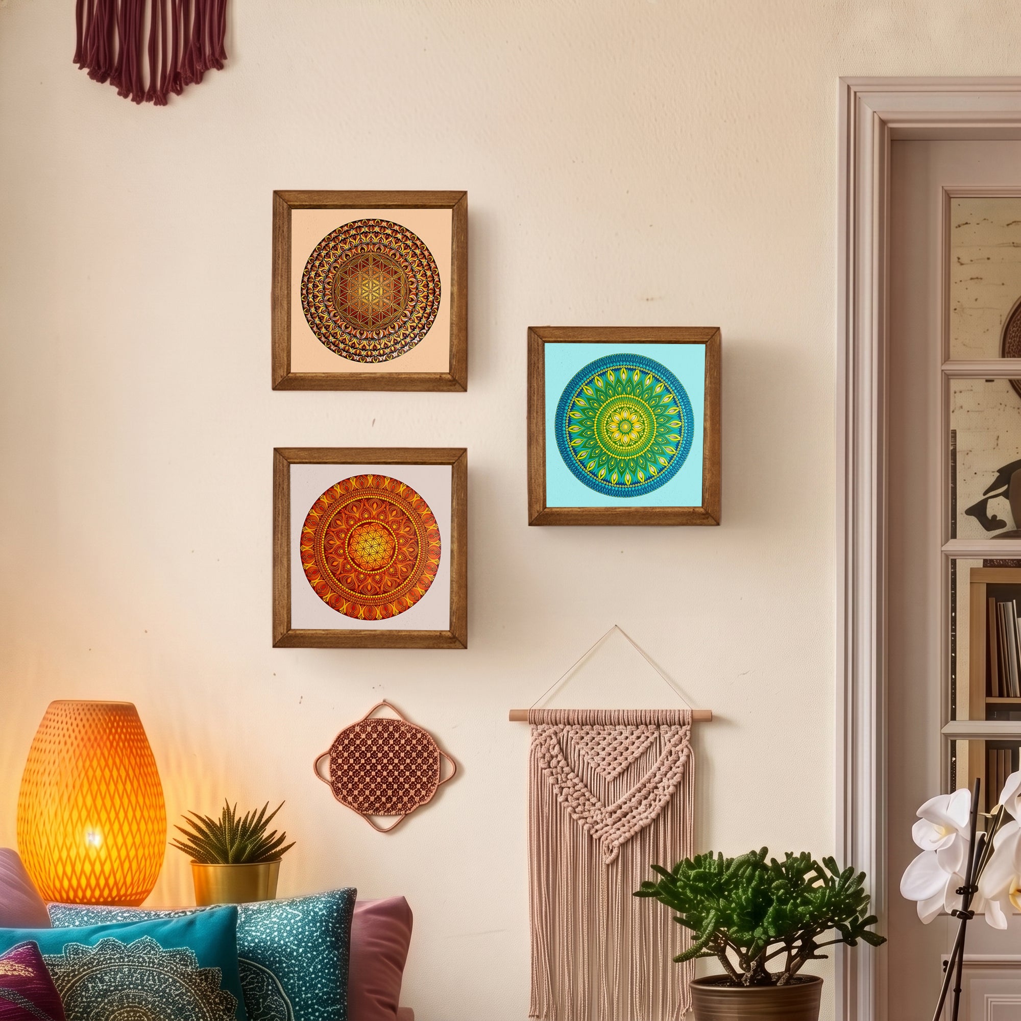 Solar, Flower of Life &amp; Green Mandala Trio Stone Wall Art Set