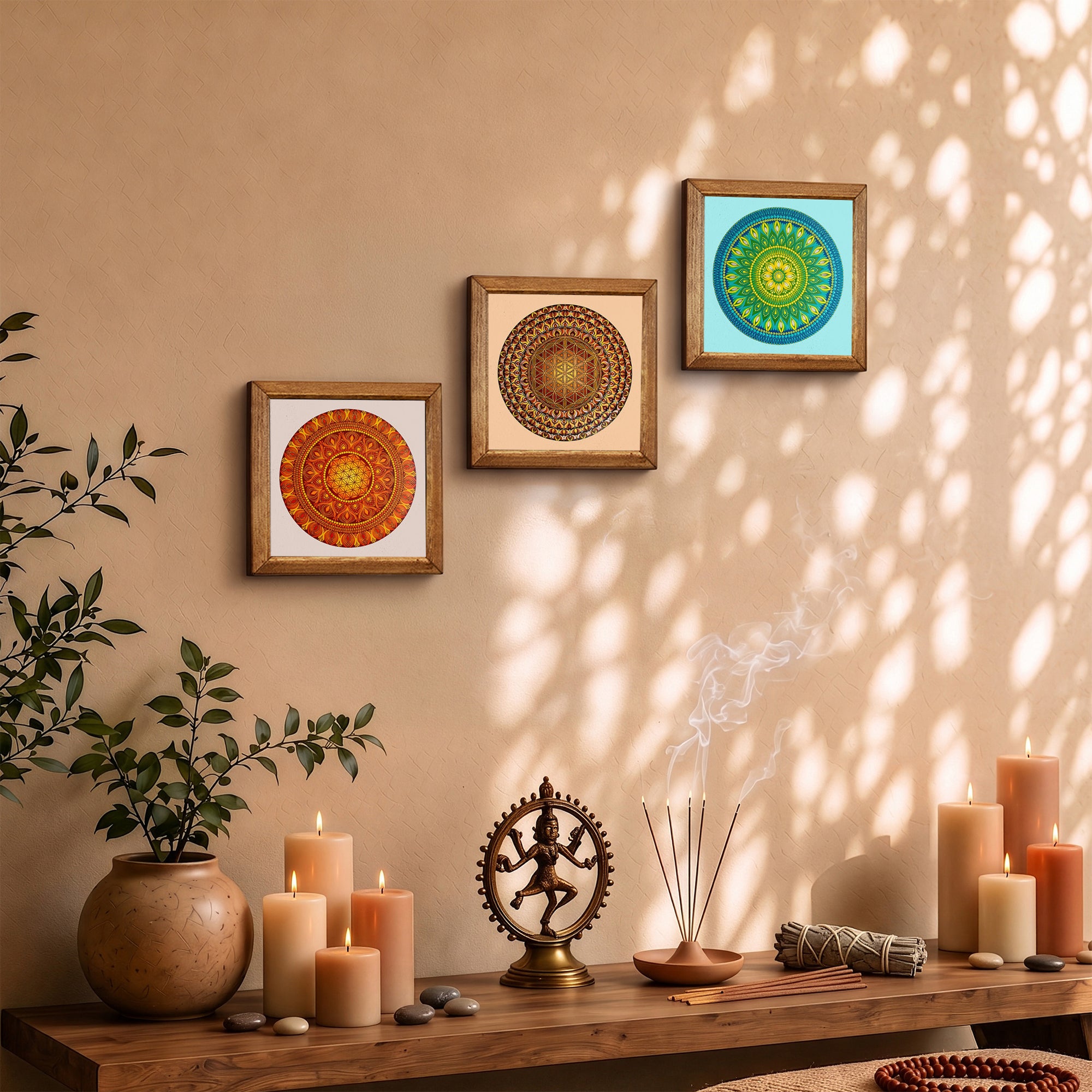 Solar, Flower of Life &amp; Green Mandala Trio Stone Wall Art Set