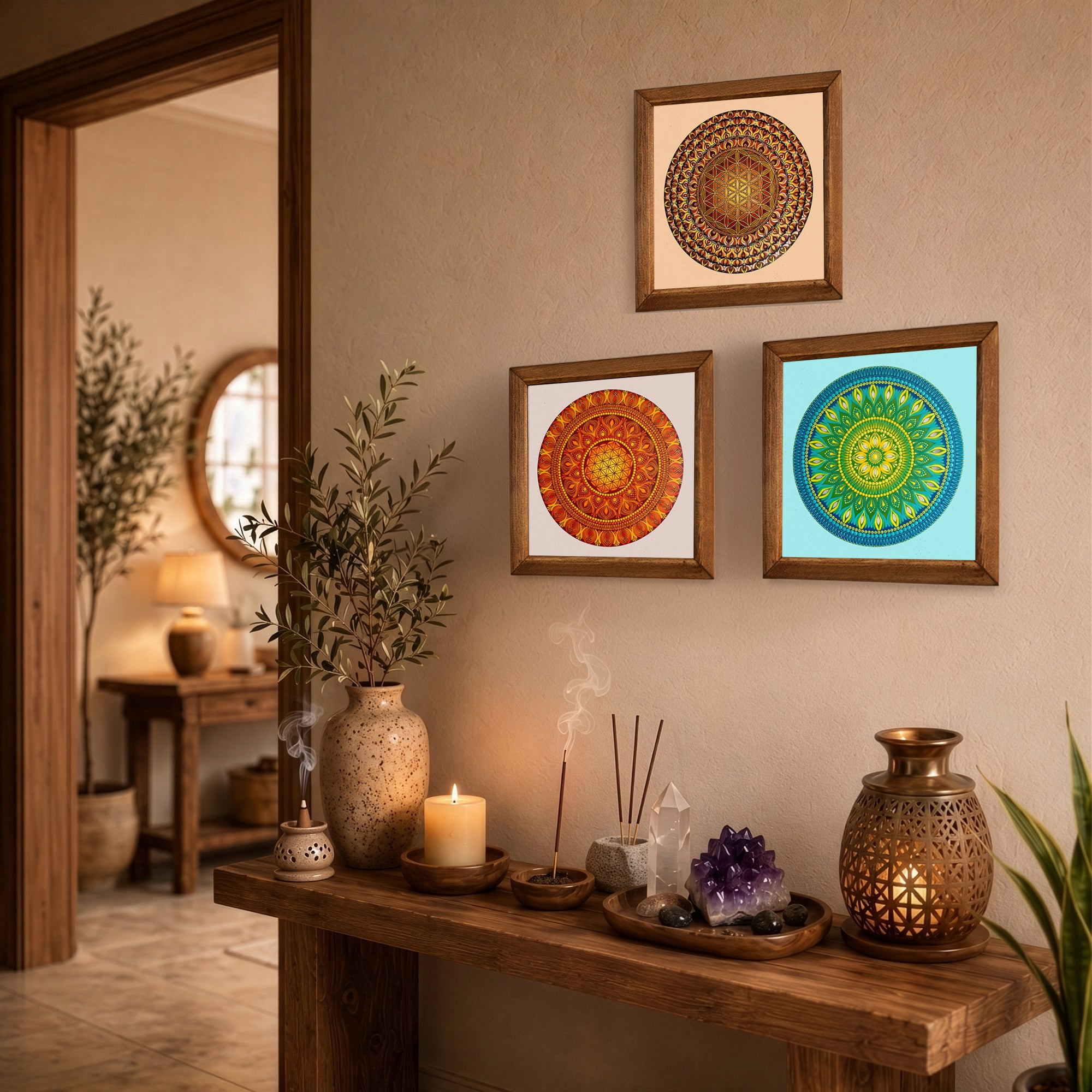 Solar, Flower of Life &amp; Green Mandala Trio Stone Wall Art Set