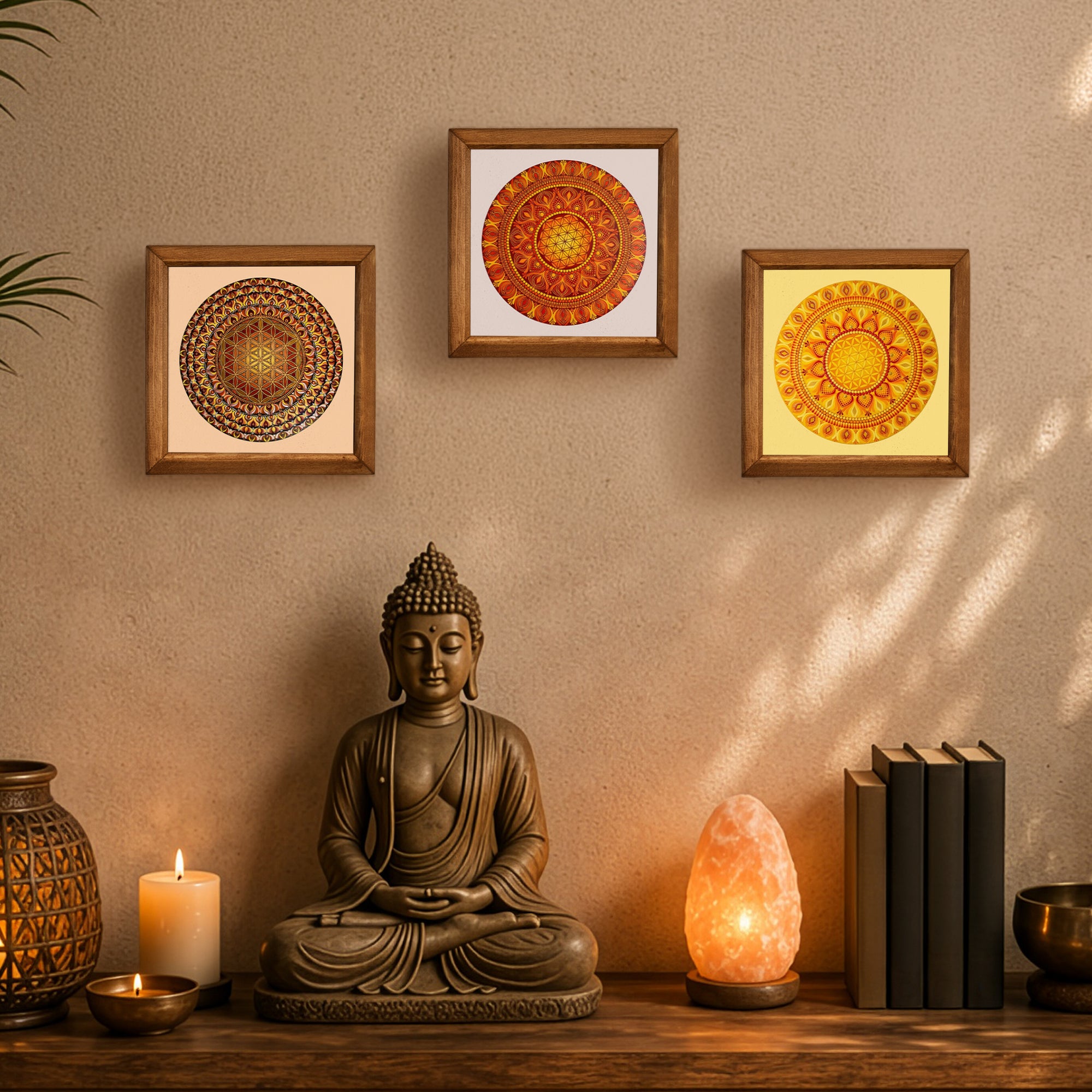 Solar &amp; Flower of Life Mandala Trio Stone Wall Art Set