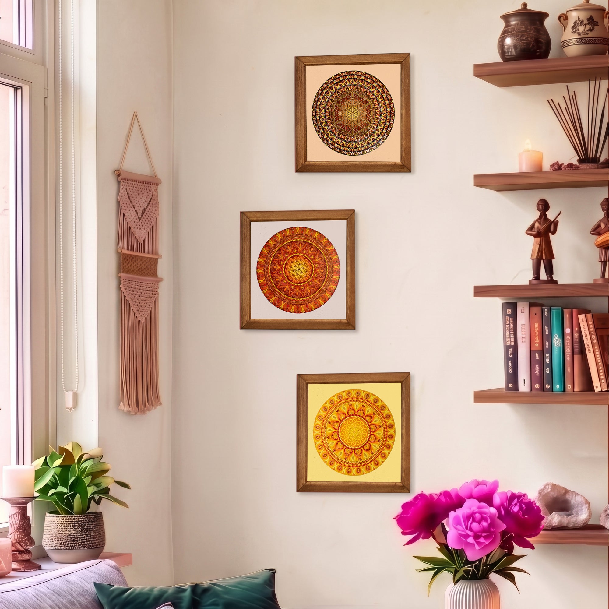 Solar &amp; Flower of Life Mandala Trio Stone Wall Art Set