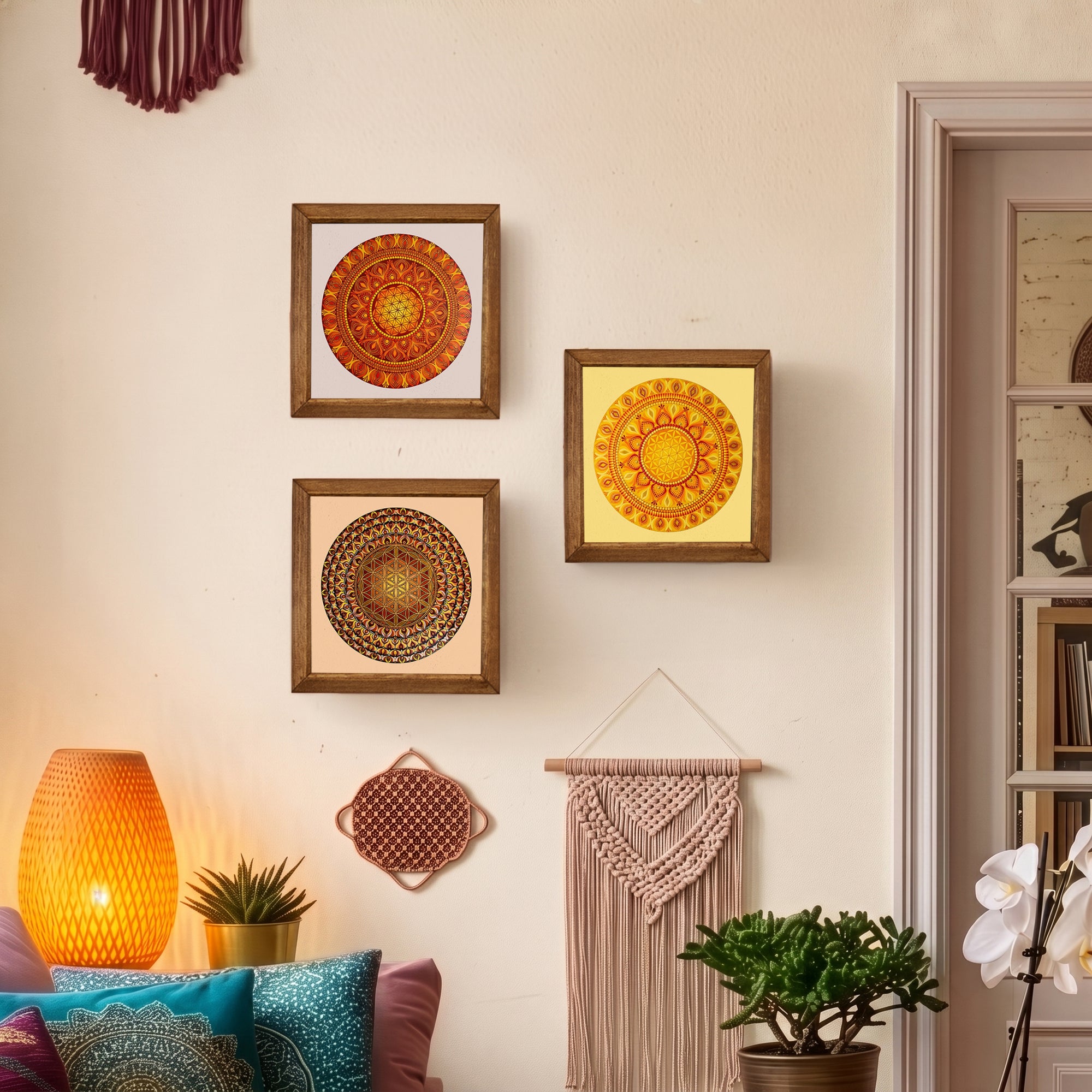 Solar &amp; Flower of Life Mandala Trio Stone Wall Art Set