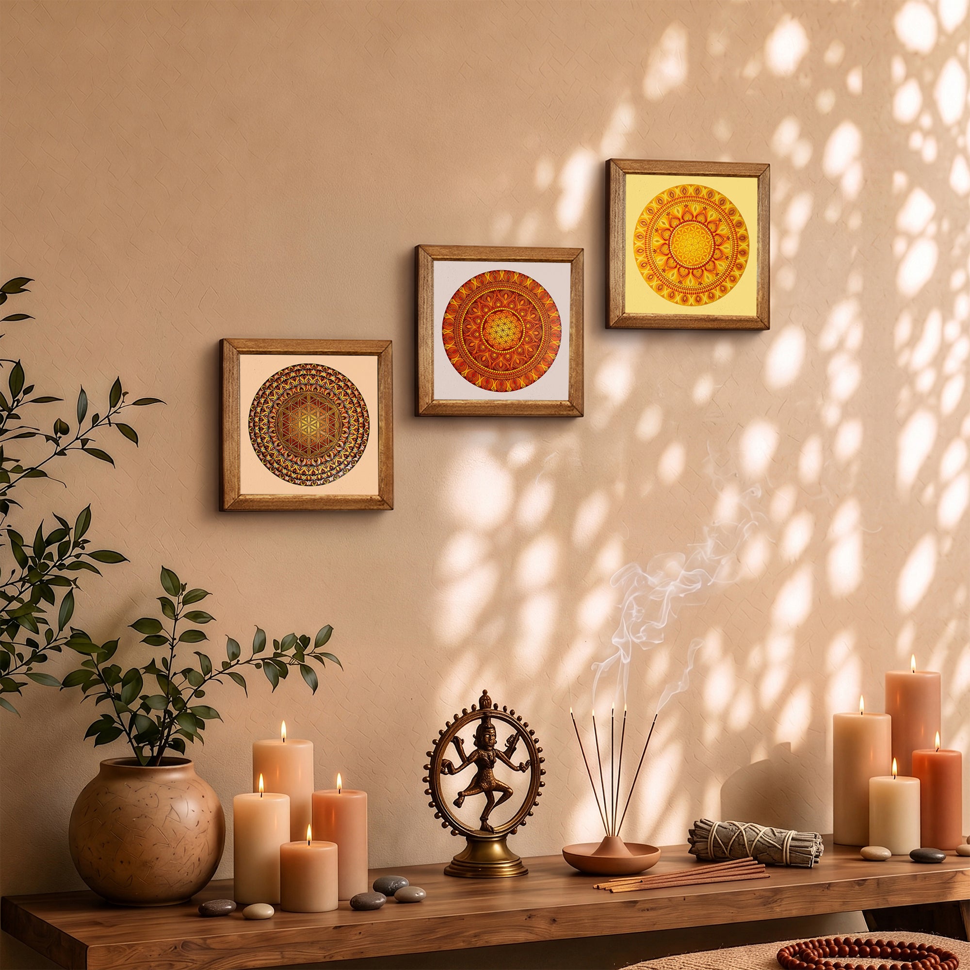Solar &amp; Flower of Life Mandala Trio Stone Wall Art Set
