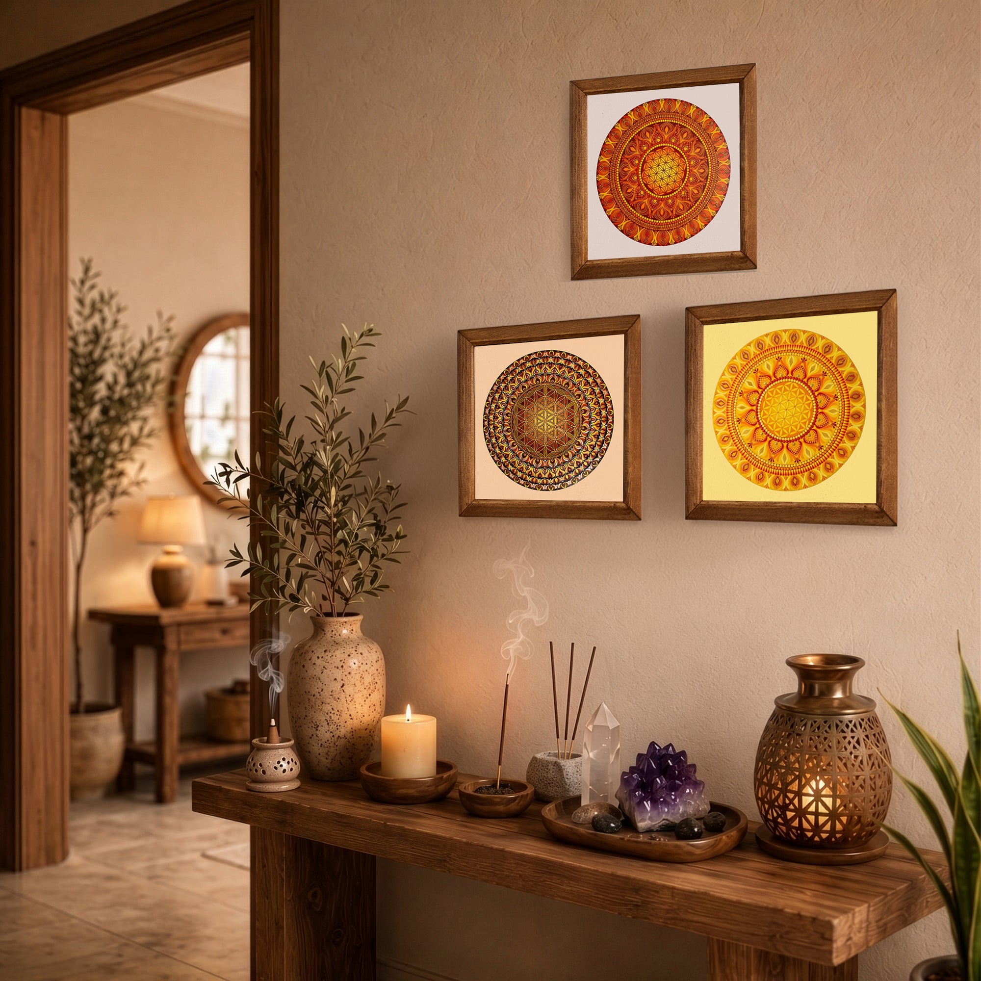 Solar &amp; Flower of Life Mandala Trio Stone Wall Art Set