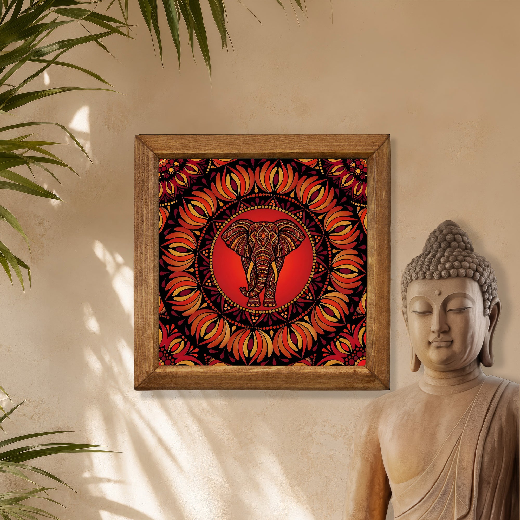 Red Boho Elephant Mandala Stone Wall Art
